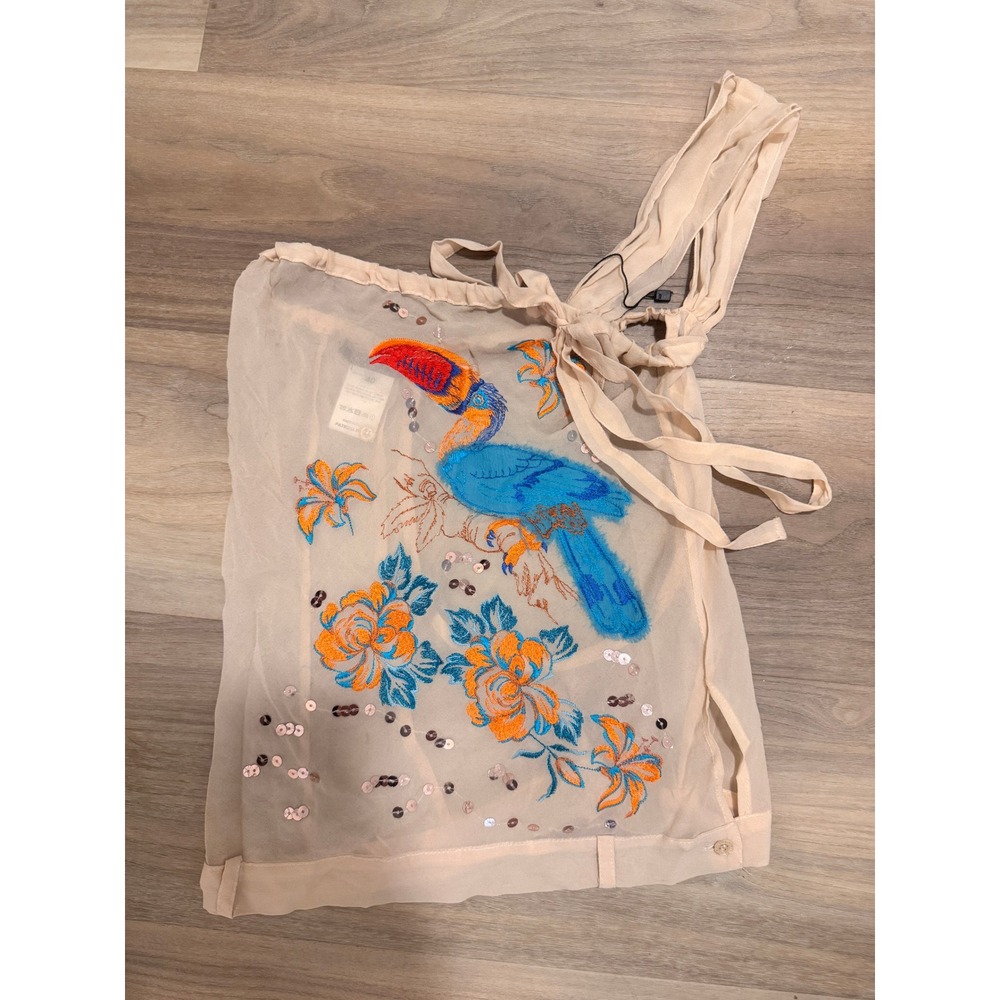 Patrizia Pepe Silk One Shoulder Embroidered Toucan Sequin Top Beige IT 40